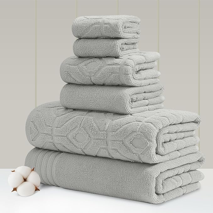 Modern Threads 6 Piece Cotton Bath Towel Set – Ultra Soft 550 GSM Towels – Bathroom Set with Hand Towels and Washcloths – Geometric (Silver Cloud)