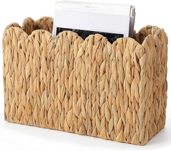 Chunful Hand Woven Scalloped Magazine Basket Natural Water Hyacinth Magazine Holder 15 x 6 x 10 ¼'' Boho Farmhouse Book Organizer for Bathroom, Living Room, Home, Office