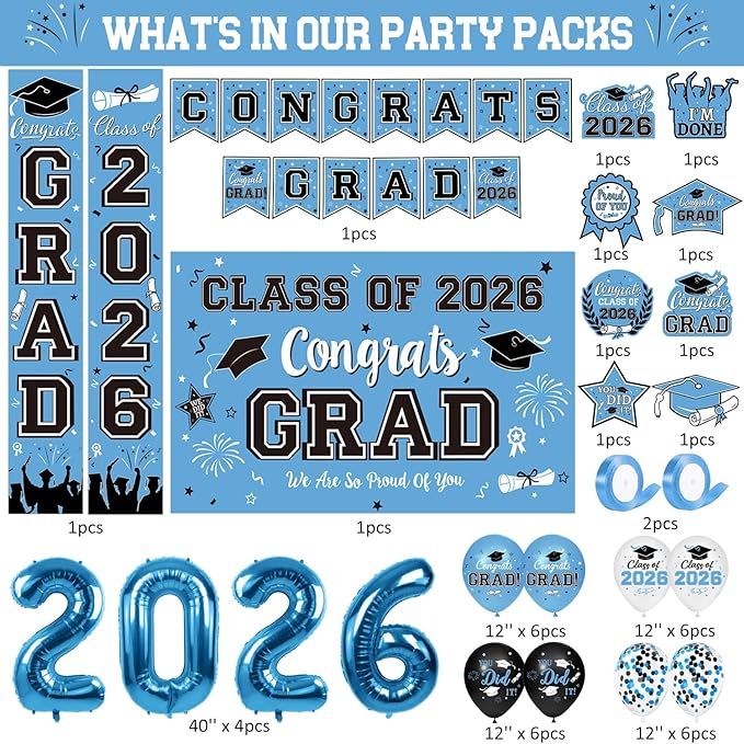 Graduation Decorations Class of 2026 Set - Sky Blue Themed Congrats Grad Banner & Backdrop, Hanging Swirls, Porch Sign, Balloons, Foil Number 2026 for High School & College Celebrations