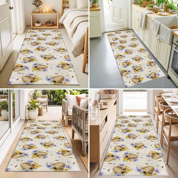 Runner Rug for Bedroom Hallway, Garden Beehives Honeybees Kitchen Runner Rugs Area Rug 2x6ft, Country Purple Floral Washable Soft Floor Carpet for Entryway Stair