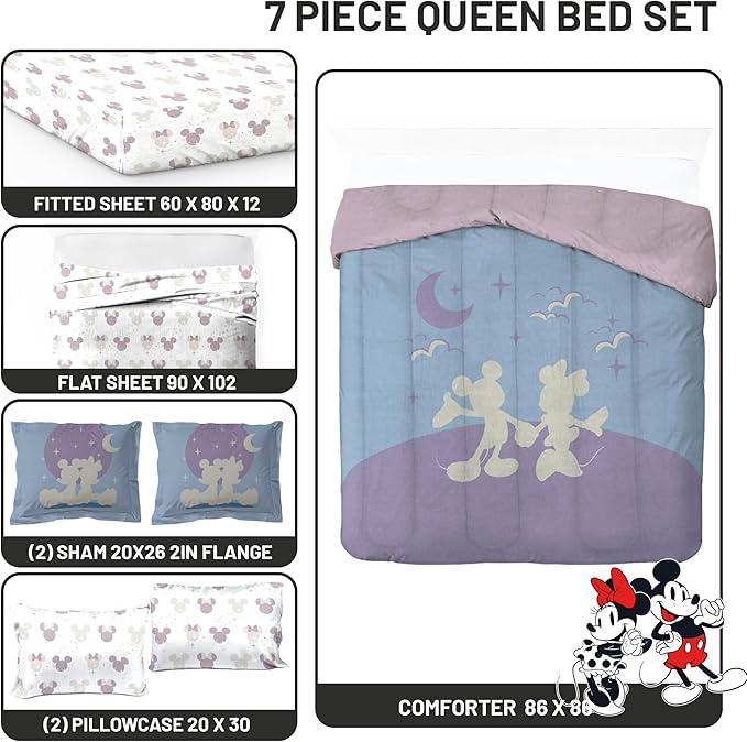 Jay Franco Disney Mickey Mouse & Minnie Mouse Queen Size Comforter Set - 7 Piece Bedding Includes Sheet Set & Pillow Covers - Super Soft Cozy Bedding