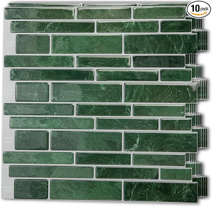 Art3d 10-Sheet Peel and Stick Backsplash Tile, Vinyl Stick On Wall Tile for Kitchen Bathroom Laundry Room, Marble Design 12" x 12" - Green