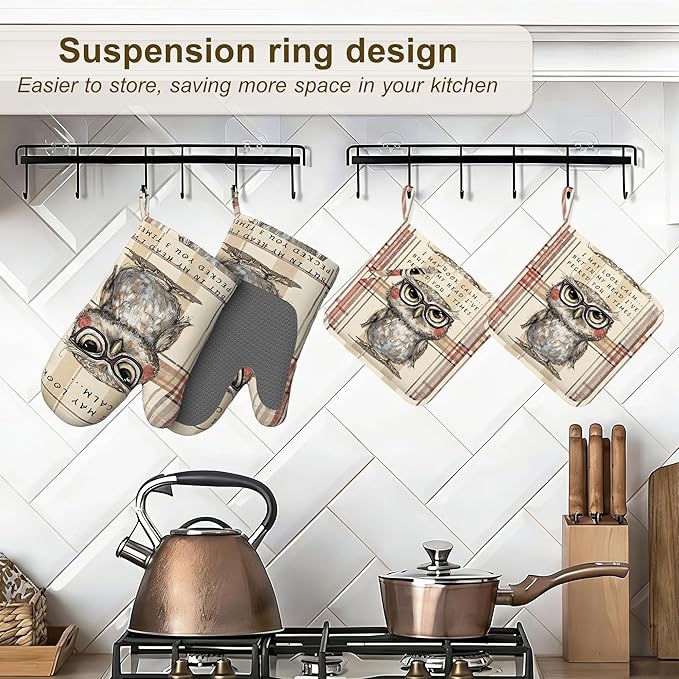 Funny Owl with Sunglasses Oven Mitts and Pot Holders Sets of 4, Heat Resistant Vintage Plaid Silicone Oven Mitts Gloves Non-Slip Kitchen Mittens Potholders for Cooking Baking Grilling BBQ