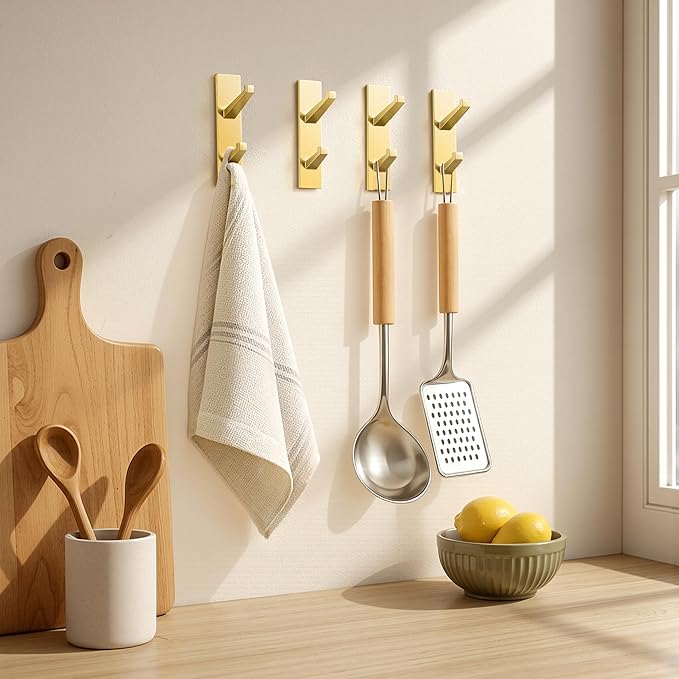 susswiff Gold Wall Hooks for Coat Towel: 13LB Adhesive Door Hanger Stick on, 4 Pack