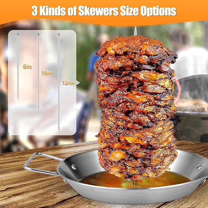 10 Inch Al Pastor Skewer for Grill, Stainless Steel Vertical Skewer Pan Vertical Rotisserie with 3 Removable Barbecue Skewers (8" 10" 12") Gloves and Mat for Tacos Al Pastor Shawarma Grill Oven Smoker