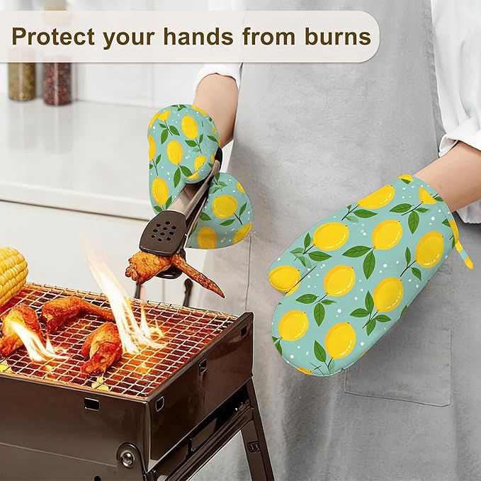 Oven Mitts and Pot Holders Yellow Lemon Silicone Kitchen Accessories Set of 4 Heat Resistant Gloves Potholder Non-Slip Grip for Chef Cooking Baking Grilling BBQ
