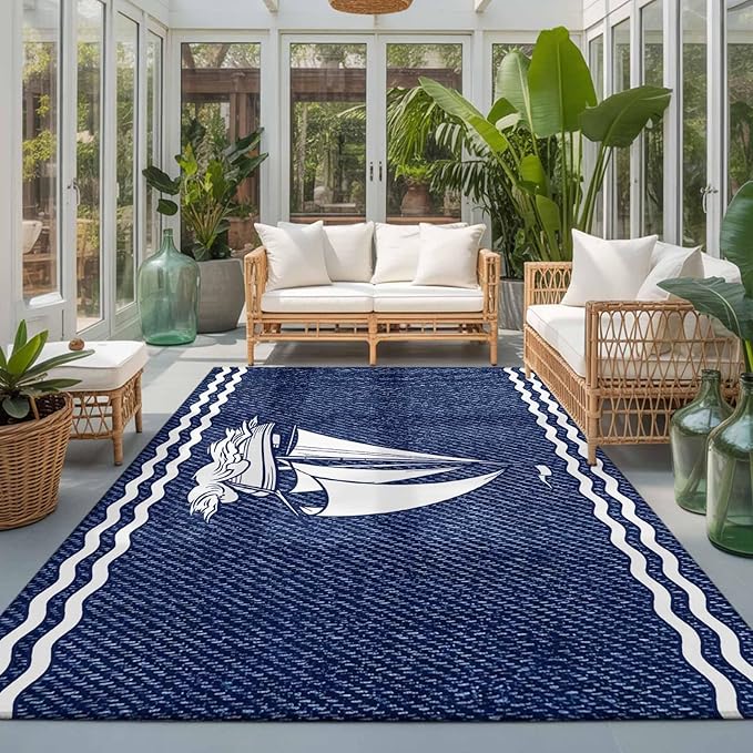 Area Rug 3x5ft, Nautical Sailing Boat on Steel Blue Washable Rugs for Living Room Bedroom, Vintage Water Waves Soft Non-Slip Area Rugs Rectangle Floor Carpet for Dining Room