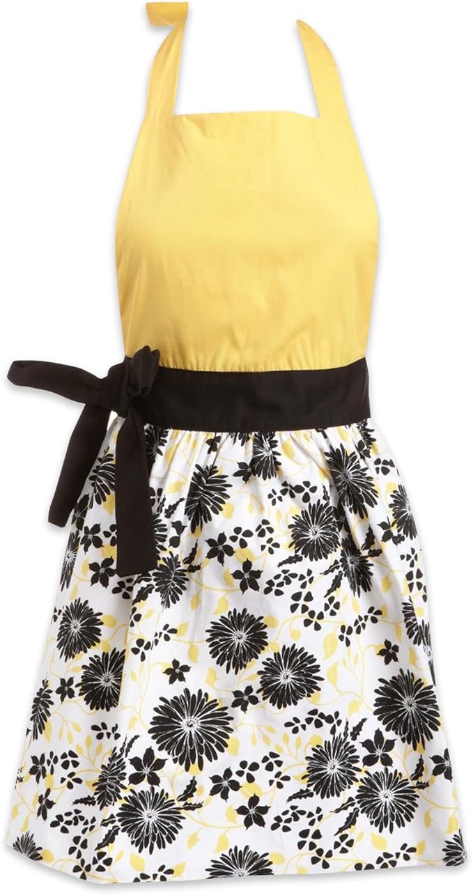 DII Women's Cotton Skirted Kitchen Apron for Cooking, Baking & Crafts, Adjustable with Generous Waist Ties, Black Daisy, One Size