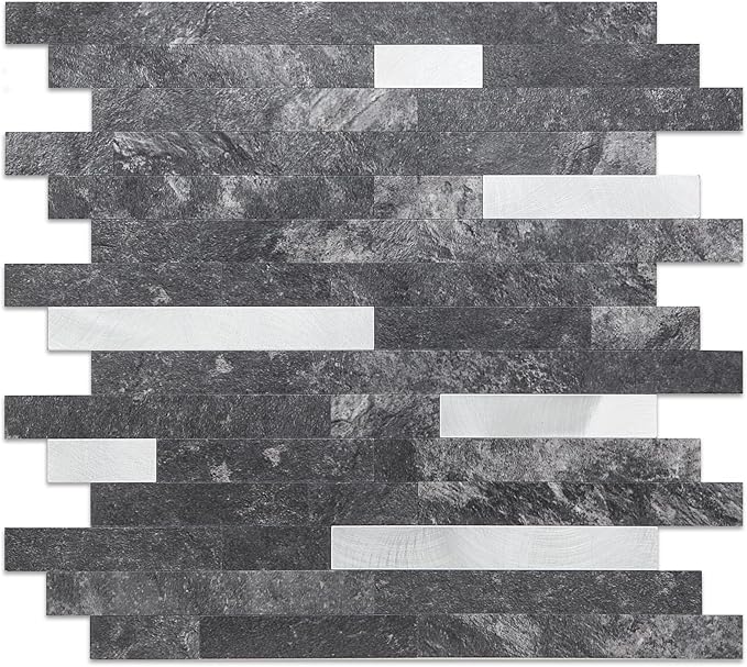 Yipscazo 1 Sheet Peel and Stick Stone Metal Tile Backsplash, Stick on Tiles for Backsplash Kitchen, Bathroom, Laundry Room, Camper, Fireplace (12'' X 12'', Dark Black)