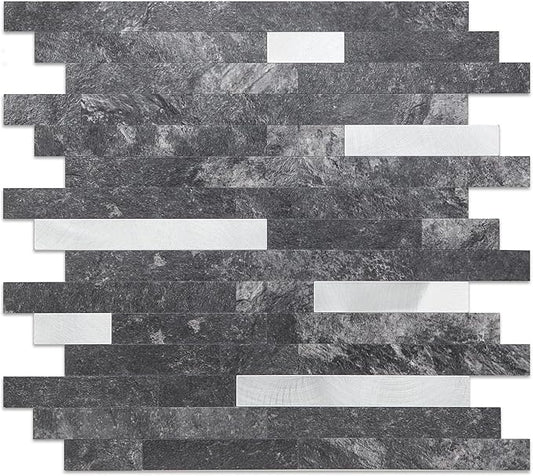 Yipscazo 1 Sheet Peel and Stick Stone Metal Tile Backsplash, Stick on Tiles for Backsplash Kitchen, Bathroom, Laundry Room, Camper, Fireplace (12'' X 12'', Dark Black)