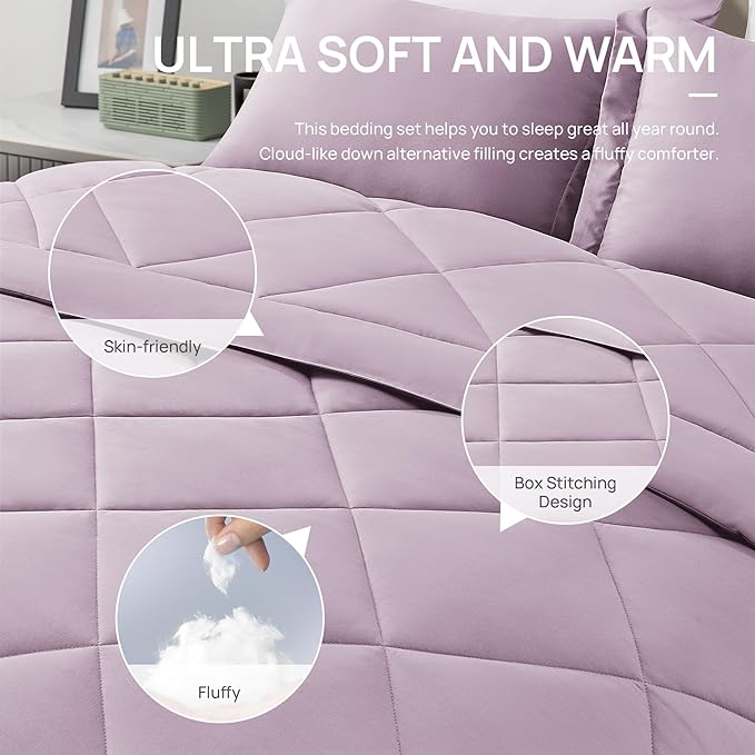 Love's cabin King Size Comforter Set Light Purple, 7 Pieces King Bed in a Bag, All Season Bedding Sets with 1 Comforter, 1 Flat Sheet, 1 Fitted Sheet, 2 Pillowcase and 2 Pillow Sham | Soft, Breathable, Lightweight, Comfortable