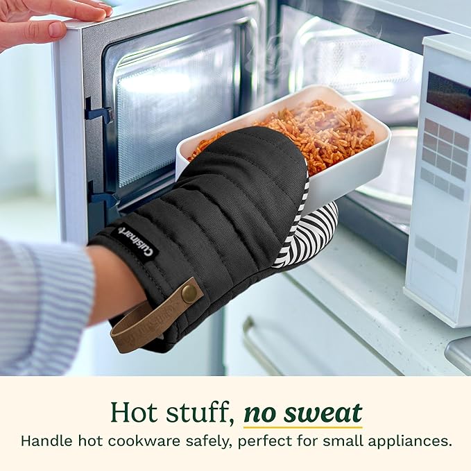 Cuisinart Mini Oven Mitts – 5.5” x 8” Heat-Resistant Kitchen Mitts for Oven with Non-Slip Printed Silicone, Cotton Filling, and Faux Leather Loop – Durable Oven Mitt Set for Cooking & Baking