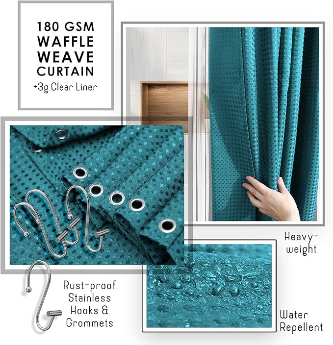 Clara Clark Bathroom Accessories Set - 27PC Bathroom Set with Adhesive Corner Shower Caddy Hanging, Bathroom Sets with Shower Curtain and Rugs, Teal Shower Curtain Set with Bathroom Trash Can
