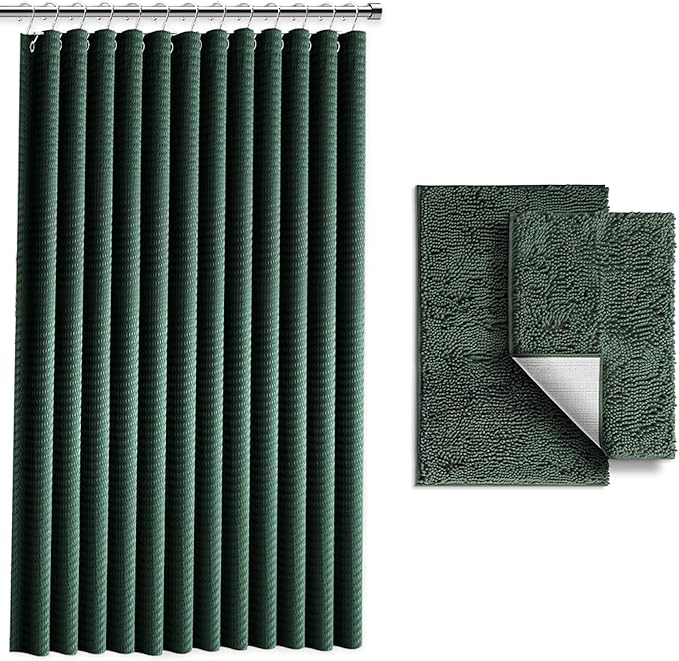 Clara Clark Hunter Green Shower Curtain Set with Rugs - Bathroom Sets with Shower Curtain and Rugs, Fabric Shower Curtains and 2 Bath Mats, Modern Bathroom Shower and Curtain Sets for Tub Or Stall