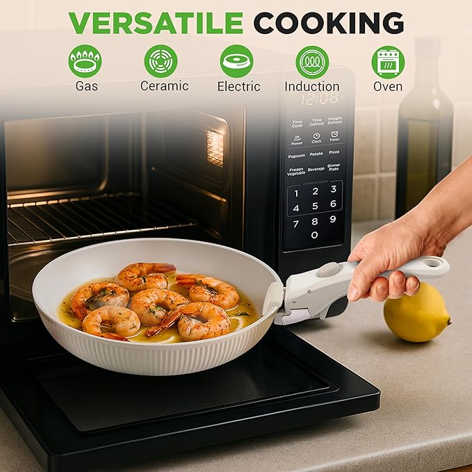 NutriChef 18-Piece Ceramic Cookware Set with Detachable Handles, Space-Saving Nonstick Pots, Pans & Lids, Oven-Safe Bowls, Stackable Storage, Includes Cooking Utensils & Accessories (Cream)