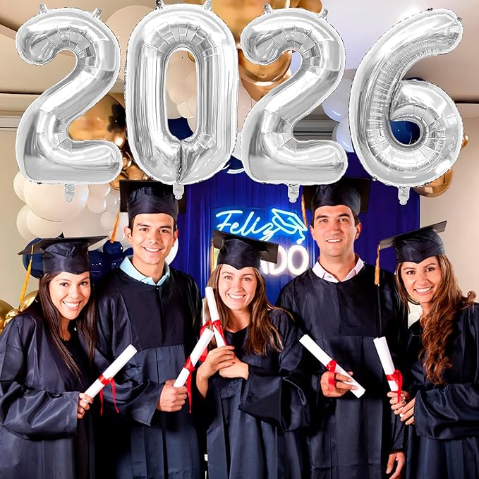 2026 Balloons New Years Eve Party Supplies - 40" Large Sliver Foil Number Balloon New Years Decorations Graduation Balloons Class of 2026 Happy New Year Birthday Anniversary Graduation Decorations