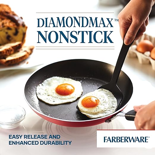 Farberware Cookstart DiamondMax Nonstick Cookware/Pots and Pans Set, Dishwasher Safe, Includes Baking Pan and Cooking Tools, 15 Piece - Red