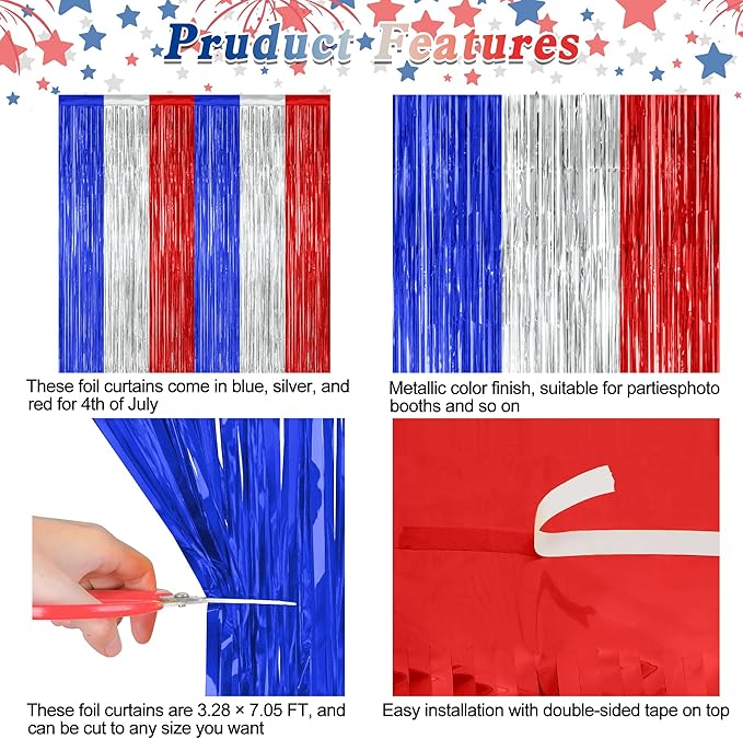 2 Pack 4th of July Decorations, 3.28 FT x 7.05 FT 250 Anniversary Tinsel Backdrop, Red Silver Blue Fringe Curtains Streamer Backdrop, Independence Day Photo Backdrop Party Supplies