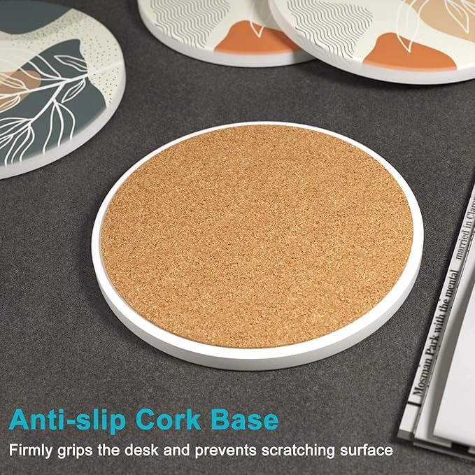 Nipichsha Coasters for Drinks, Set of 6 Cute Absorbent Ceramic Drink Coasters for Cup with Holder and Cork Base, Kitchen Home Decor Housewarming Gift, Round 4 in, Abstract Boho Leaf