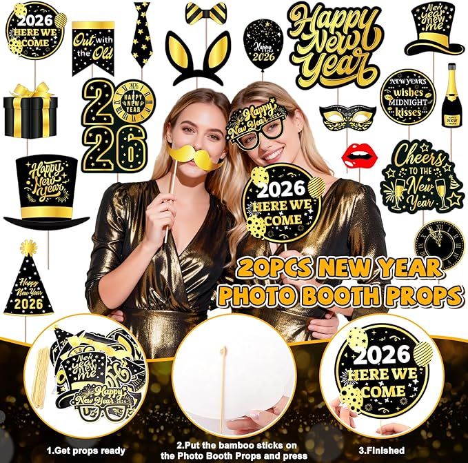 New Year Decorations 2026, Black Gold New Years Eve Party Supplies 2026 with Happy New Year Banner Photo Booth Props Fringe Curtains 32inch 2026 Balloons for Happy New YearS Decorations 2026
