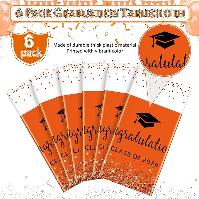 6 Pack Class of 2026 Graduation Tablecloths,Foil Dot Plastic Disposable Rectangle Table Covers for 2026 High School University College Graduation Party Decorations,108*54 Inch (Orange and Black)