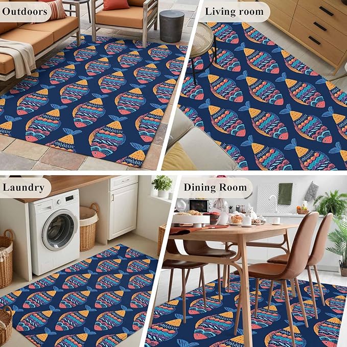Area Rug 3x5ft, Ethnic Style Ocean Fish Washable Rugs for Living Room Bedroom, Watercolor Marine Life on Navy Blue Soft Non-Slip Area Rugs Rectangle Floor Carpet for Dining Room