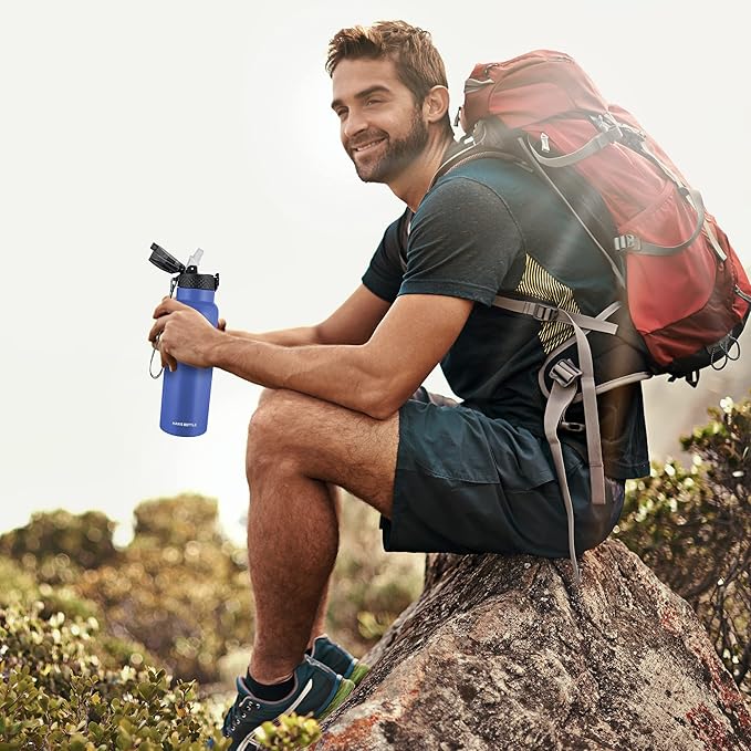 Han's Bottle Sports Water Bottle - 24 Oz, Straw Lid, Leak Proof, Vacuum Insulated Stainless Steel, Double Walled, Thermo Mug,Navy Blue