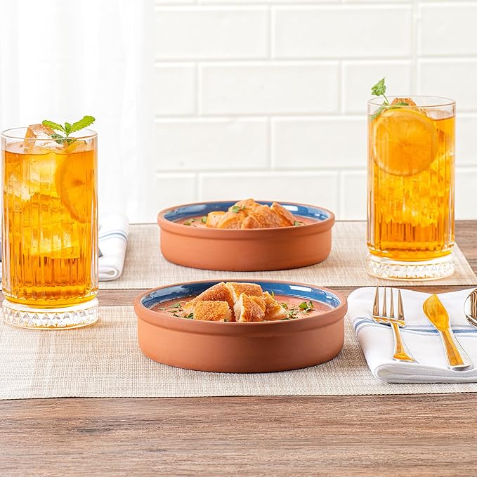 Restaurantware-Terra Tek 15.2 Ounce Terracotta Cazuelas, 2 Blue Glazed Clay Pots For Cooking - Oven-Ready, Microwavable, Terracotta Serving Pots, Dishwashable, For Cooking And Serving