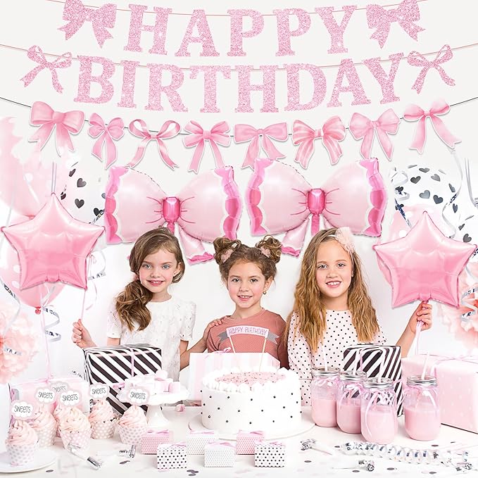 26Pcs Pink Bow Birthday Party Decorations, Bow Birthday Decorations Girl Include Happy Birthday Banner Hanging Swirls Set Balloons for Women Girls Bow Party Decorations, Baby Shower Party Supplies
