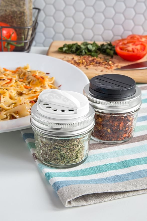 Jarware Spice Lids for Regular Mouth Mason Jars, Set of 2, Black and White