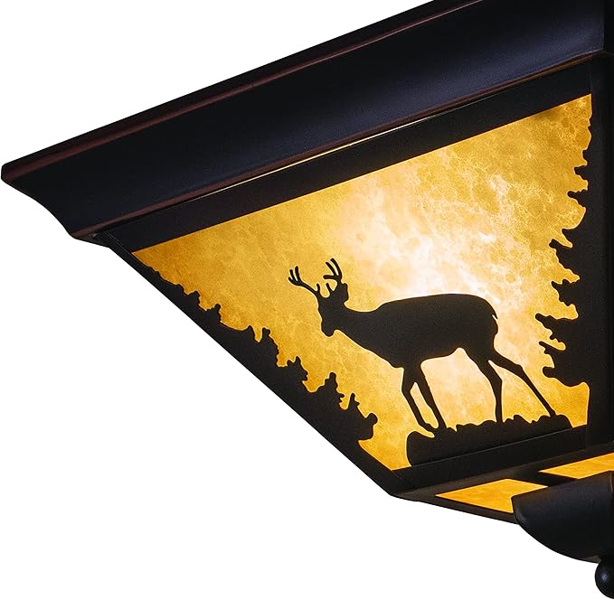 VAXCEL Bryce 14 Inch Flush Mount Rustic Ceiling Light, Deer Silhouette, Dimmable Indoor Outdoor Lighting, Burnished Bronze Finish, Amber Flake Glass