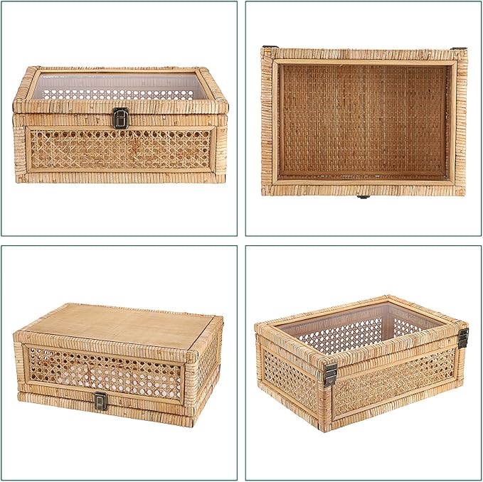 Hipiwe Vintage Decorative Box with Clear Lid Rattan and Wood Display Boxes Handcrafted Shelf Basket Bin Large Wicker Storage Basket Rectangular keepsakes Box for Bathroom Home Decor, 14x10x5.7 inch