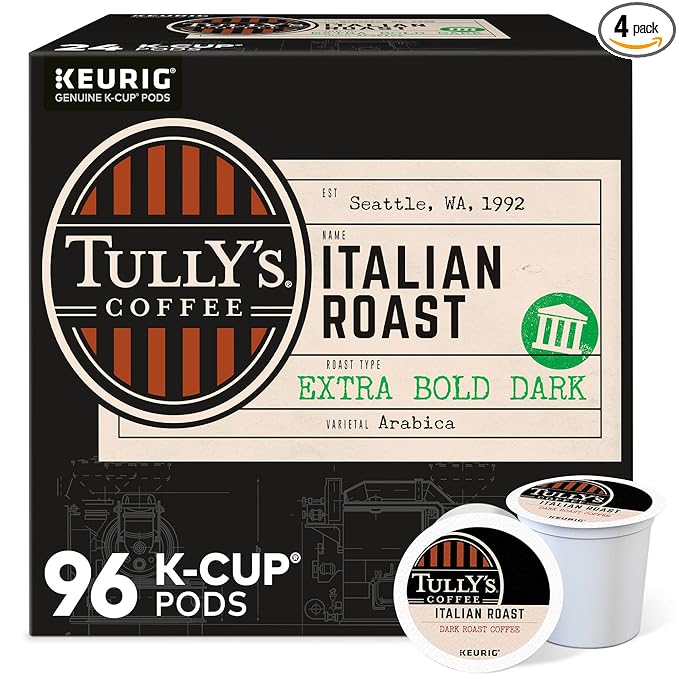 Tully's Coffee Italian Roast Keurig Single-Serve K-Cup Pods, Dark Roast Coffee, 96 Count