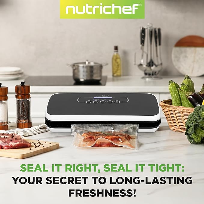 NutriChef Automatic Vacuum Sealer for Food | Electric Food Vacuum Sealing Machine with LED Controls | Strong Suction for Dry & Moist Foods | Includes Bags, Hose & Wine Stopper | Compact Size 14”x6"x3”