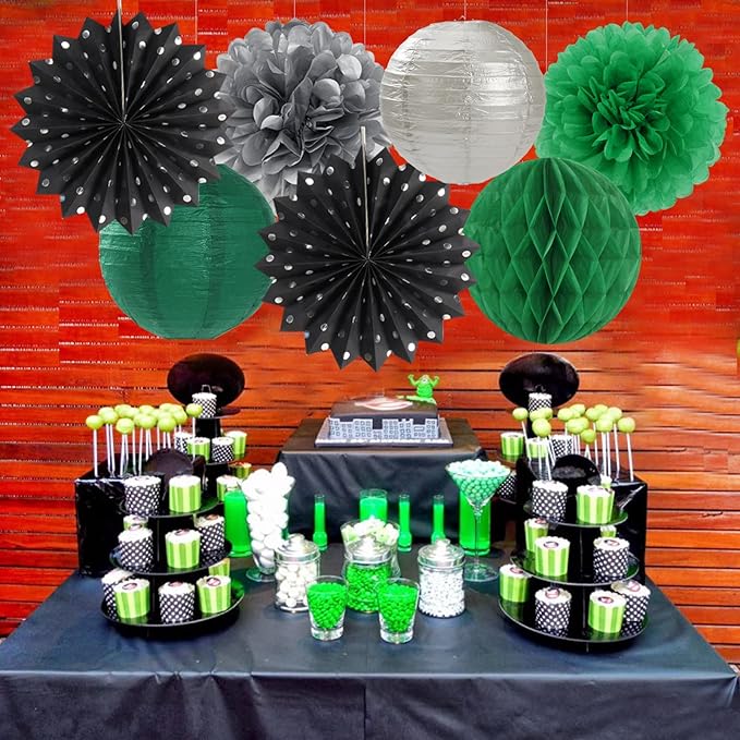 Black-Green Silver Party-Decorations Streamers Lanterns - 14pcs Graduation 2026 Paper Lanterns Fan,Tissue Pom Poms Streamer,Honeycomb Balls,Soccer Supplies Men Boys Birthday Baby Shower Decor Ouruola