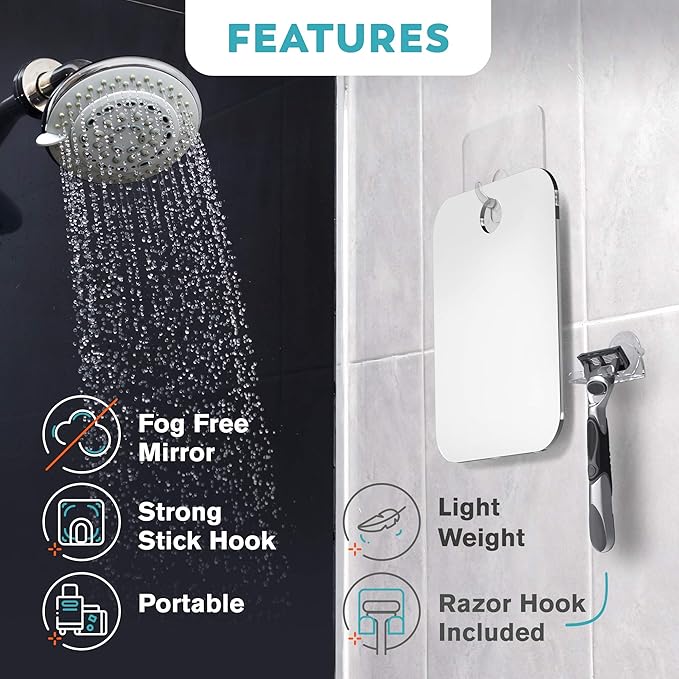 HONEYBULL Fogless Shower Mirror for Shaving – Anti-Fog Acrylic Mirror with Razor Holder, No-Drill Wall Mount, Flat Design for Steam Showers, Medium 6x8in
