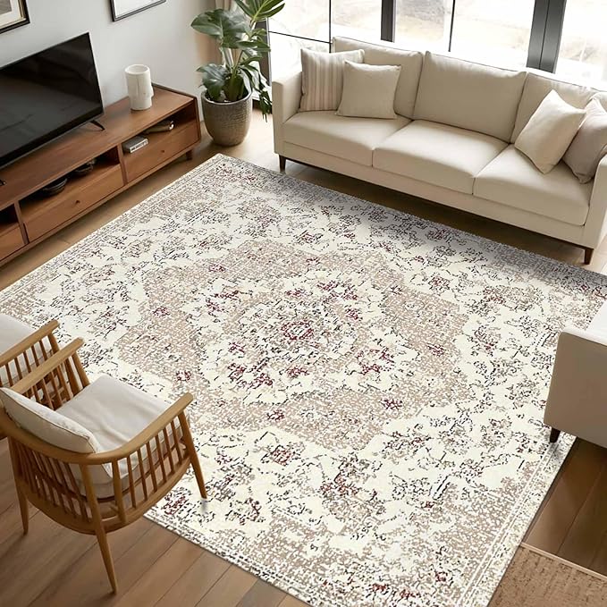 Beige Boho 5x7 Area Rugs, Vintage Ethnic Floral Non-Skid Rubber Backing Large Rectangle Rugs - Living Room Bedroom Home Office, Abstract Art Geometric Indoor Floor Mat Carpets Washable Rug