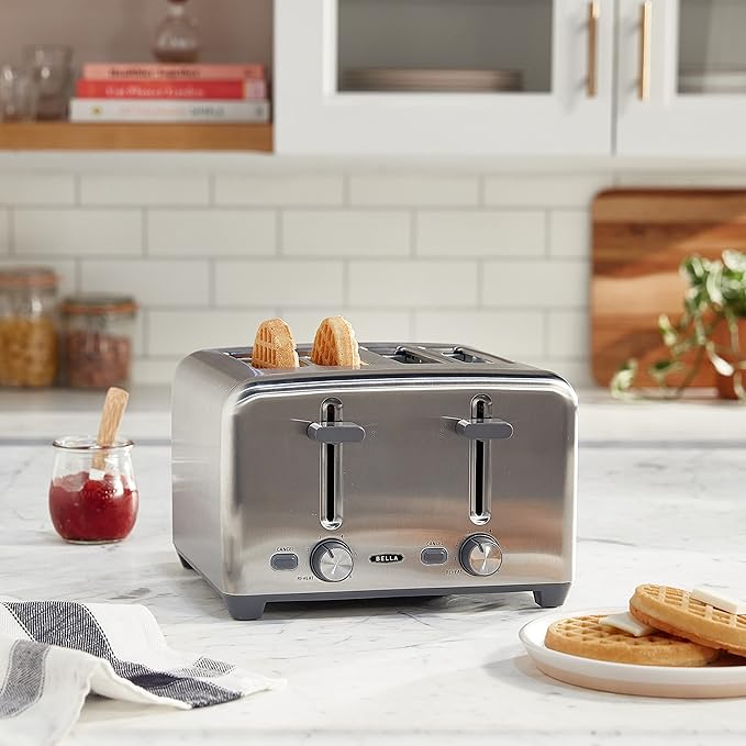 bella 4 Slice Toaster with Auto Shut Off, Extra Wide Slots and Removable Drop-Down Crumb Tray with Cancel and Reheat Function, For Texas Toast, Large Bread & Bagel, Stainless Steel