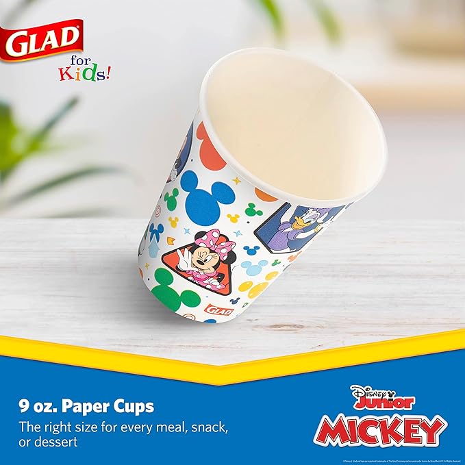 Glad for Kids Disney Mickey and Friends Disposable Paper Cups, Mickey Mouse - Heavy Duty Soak-Proof Kid-Friendly Drinking Cups, Great for Everyday Meals and Snacks, 9 oz, 24 Count