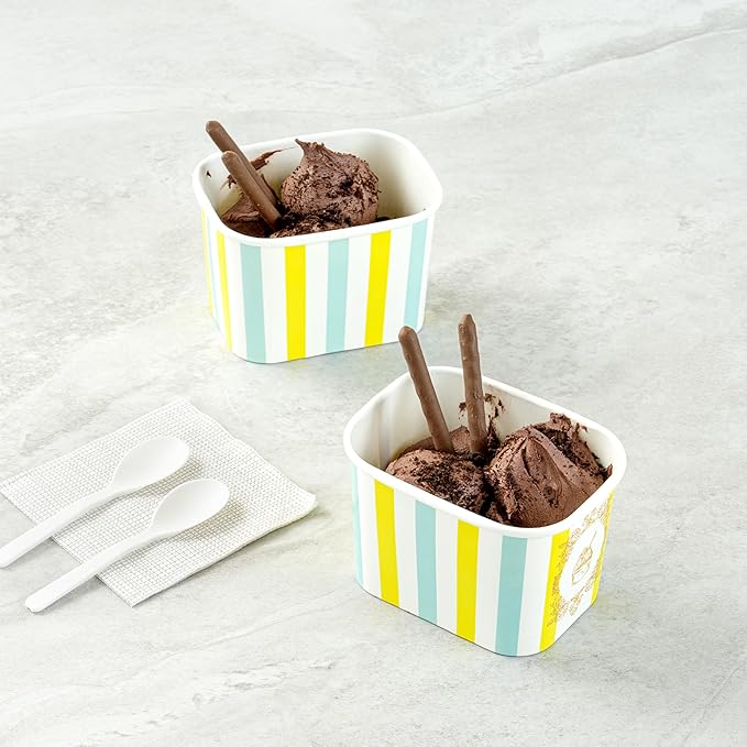 Coppetta 12 Ounce Dessert Cups, 50 Greaseproof Ice Cream Cups - Lids Sold Separately, For Hot And Cold Foods, Blue And Green Stripe Paper Yogurt Bowls, Disposable, Sturdy - Restaurantware