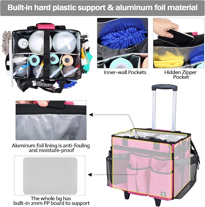 Extra large Rolling Cleaning caddy bag Built-in Hard Support Board,Cleaning Cart with Detachable Trolley, Housekeeping Cleaning caddy with Adjustable Shoulder Strap and Multiple Storage Pockets