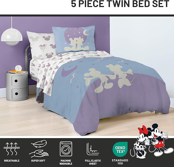 Disney Mickey Mouse & Minnie Mouse Twin Size Comforter Set - 5 Piece Bedding Includes Sheet Set & Pillow Covers - Super Soft Cozy Bedding