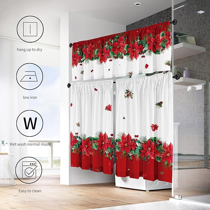 Christmas Poinsettia Curtain Valances Set of 3 Panels,Red,White&Green Rod Pocket,Festive Decor for Kitchen Bedroom, Bathroom,Laundry,52x18 Inch + 2x36x26 Inch