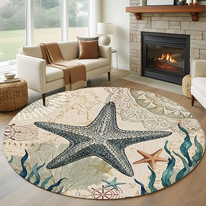 Washable Round Area Rug Nautical Starfish Teal Seaweed Starfish Circle Rugs Floor Carpet for Living Room Bedroom, Marine Life Soft Non Slip Round Rug 5ft