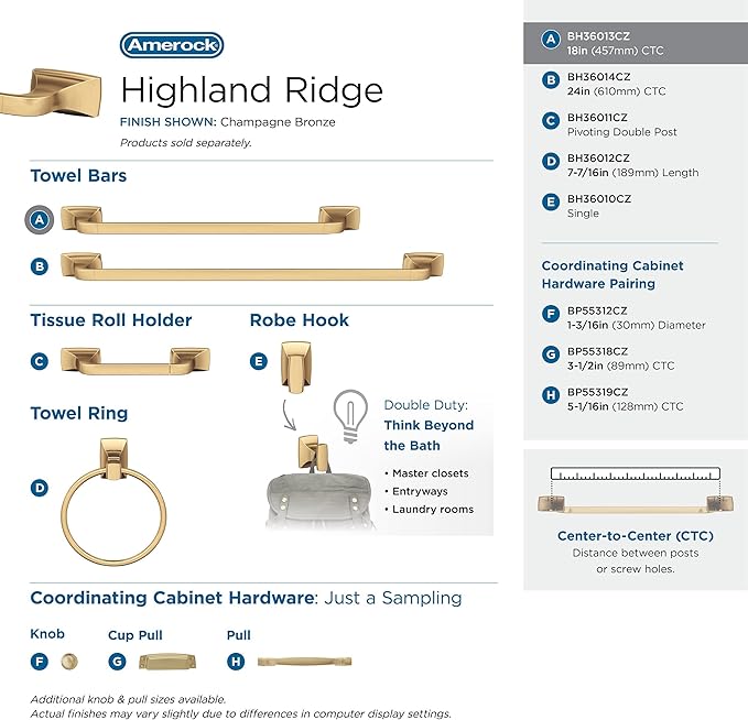 Amerock BH36013CZ | Champagne Bronze Towel Bar | 18 in (457 mm) Towel Rack | Highland Ridge | Bathroom Towel Holder | Bathroom Hardware | Bath Accessories