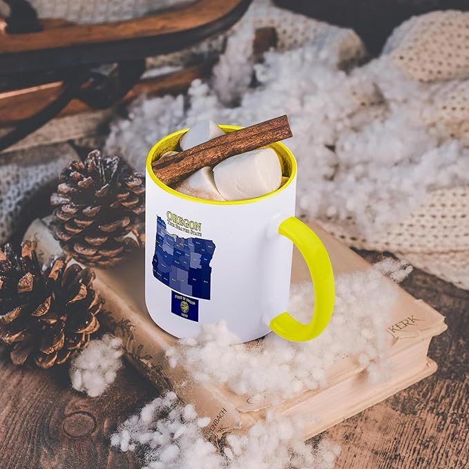 3dRose Map, Flag and nickname of Oregon with all counties colored and labeled 11oz Two-Tone Yellow Mug