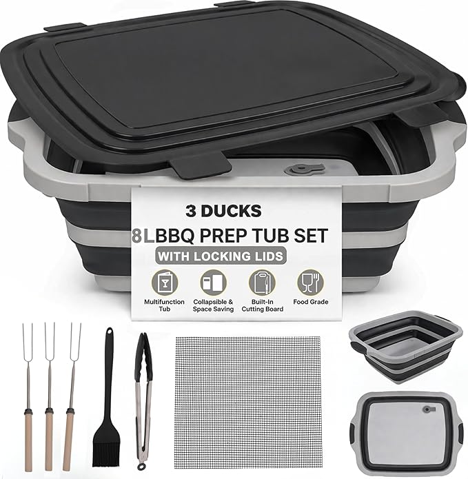 Collapsible BBQ Prep Tub 8L Black | Portable Meat Marinating Container with Locking Cutting Board Lid, BBQ Tongs, Grill Mesh, Silicone Brush & 3 Roasting Sticks for Camping & Outdoor Grilling