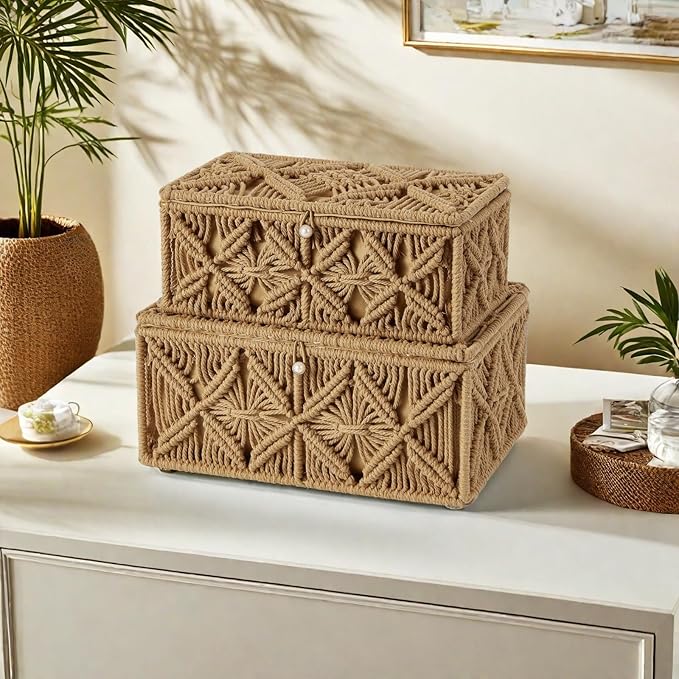 Decorative Boho Storage Baskets with Lid Bohemian Macrame Jewelry Box Handmade Natural Cotton Rope Woven Bins Memory Keepsake Photo Makeup Organizer Shelf Container (Khaki, Large)