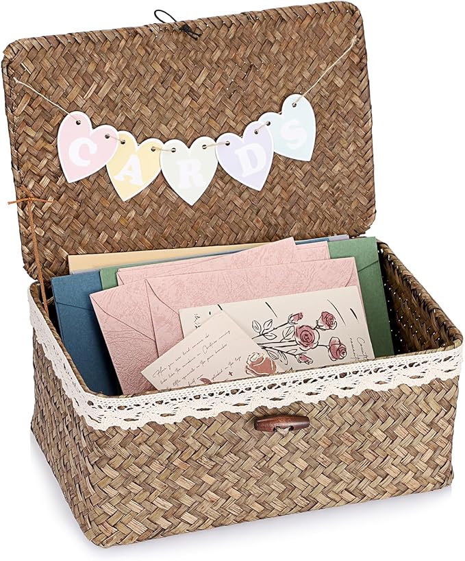 Hipiwe Wedding Card Basket Box Decorative Cards Holder with Letter Flag Handwoven Seagrass Basket Card Receiving Box for Wedding Reception, Baby Shower, Birthday Party, Graduation, Coffee Color