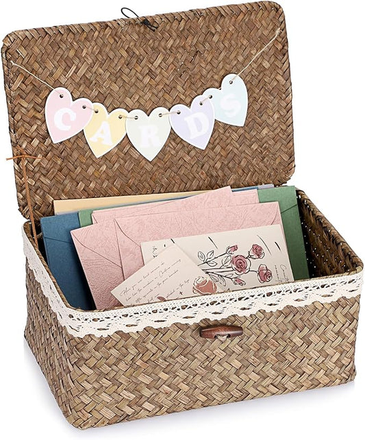 Hipiwe Wedding Card Basket Box Decorative Cards Holder with Letter Flag Handwoven Seagrass Basket Card Receiving Box for Wedding Reception, Baby Shower, Birthday Party, Graduation, Coffee Color